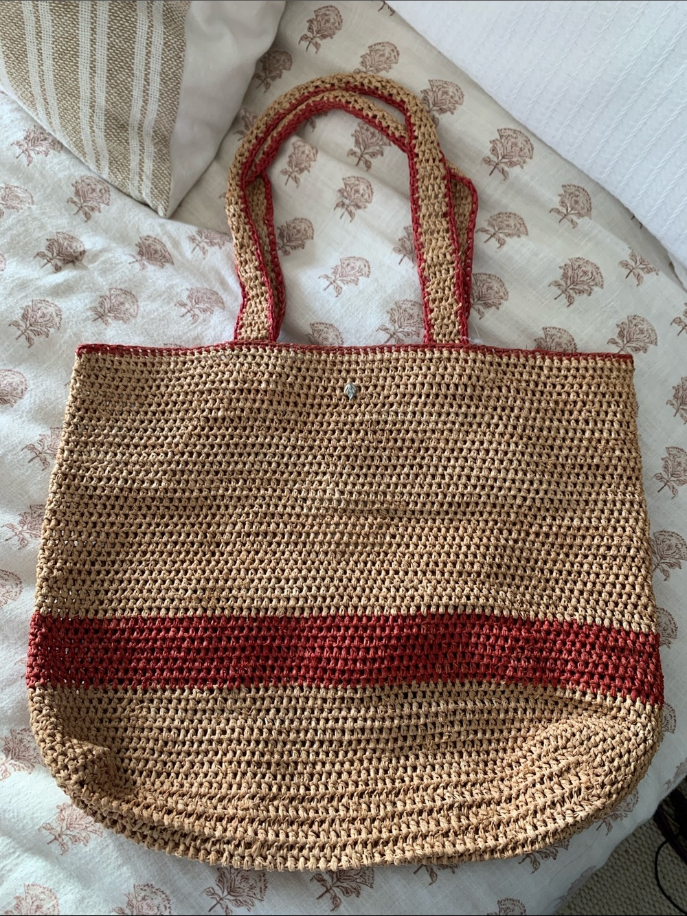 Rare Helen Kaminski Woven Straw Tote Bag with Red Accent